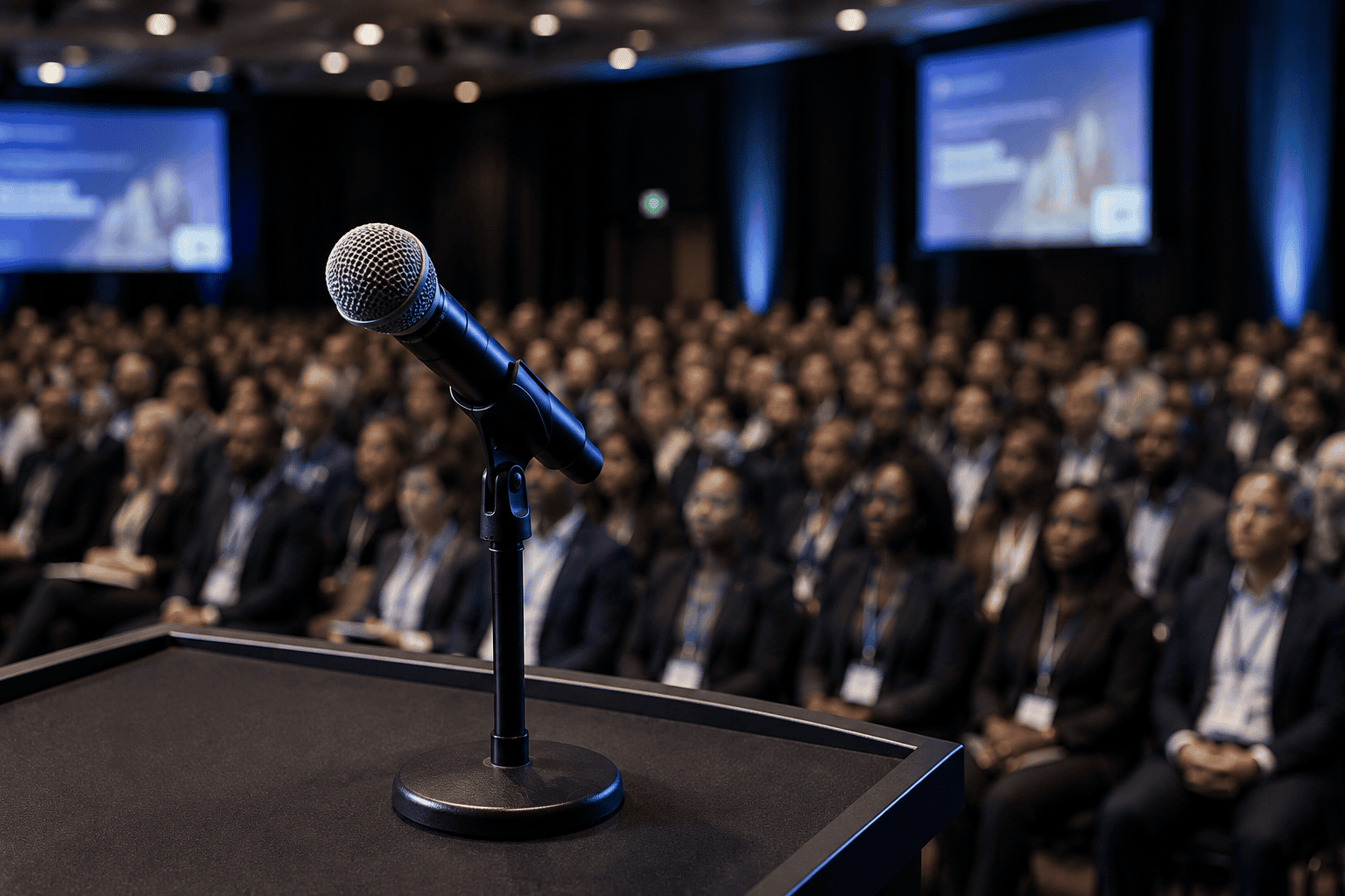 Microphone at a podium facing a conference audience